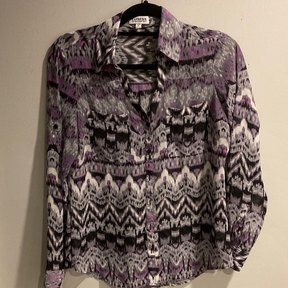 Express Tops - Express Women's Purple and Black Patterned Button Down Shirt
